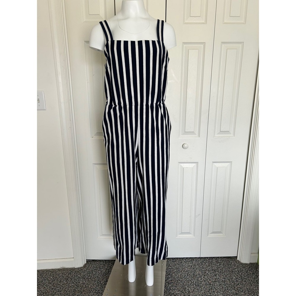 J Crew Blue and White Striped Sleeveless Cropped Jumpsuit with Pockets